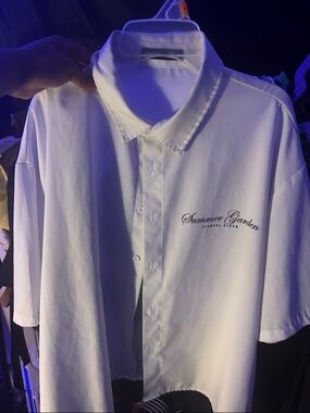 SHEIN White Short Sleeve Button-Down Shirt with 'Summer Garden' Script